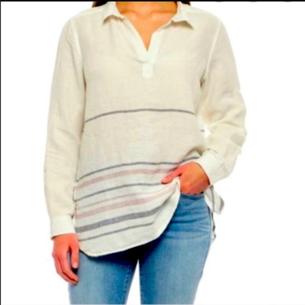 Tahari Women’s 3X 100% Linen Blouse Tunic Top White Red Blue Strip Popover